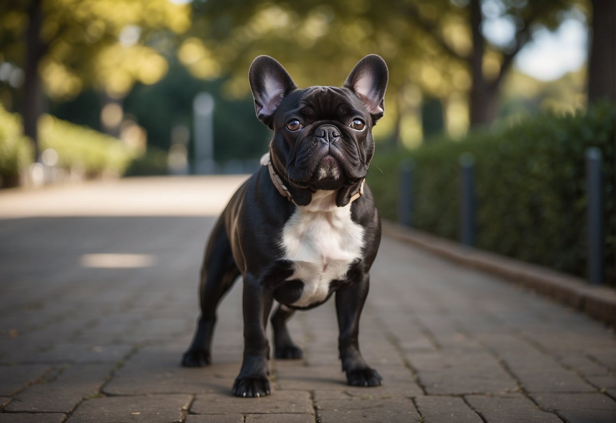 A French Bulldog stands proudly, showcasing its distinctive bat ears and wrinkled face. Its sturdy build and short coat exude confidence and charm