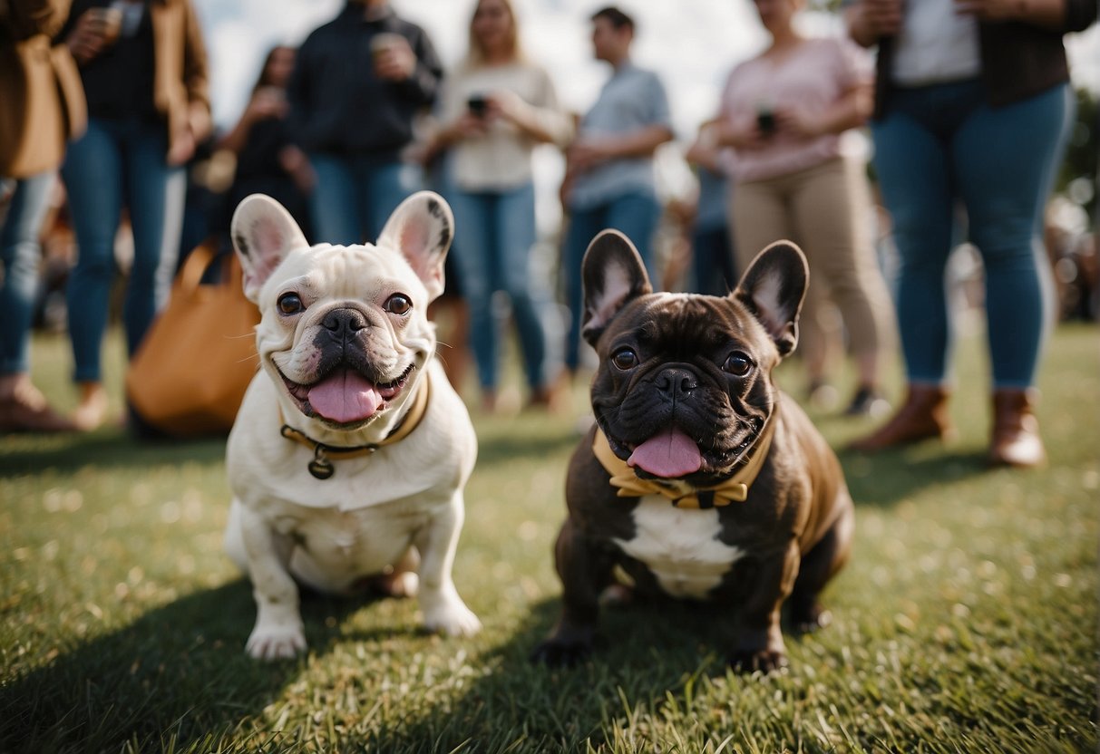 A group of French Bulldogs gather at a local event in Indiana, with breeders showcasing their best dogs. The dogs play and socialize, surrounded by excited onlookers
