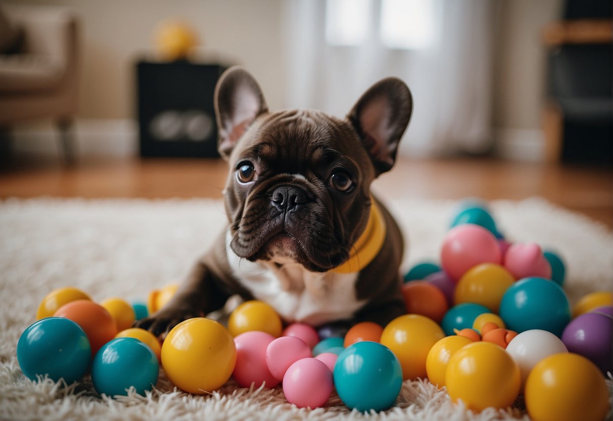 French bulldog puppies playfully interact with breeders in a cozy Indiana home, surrounded by toys and loving attention