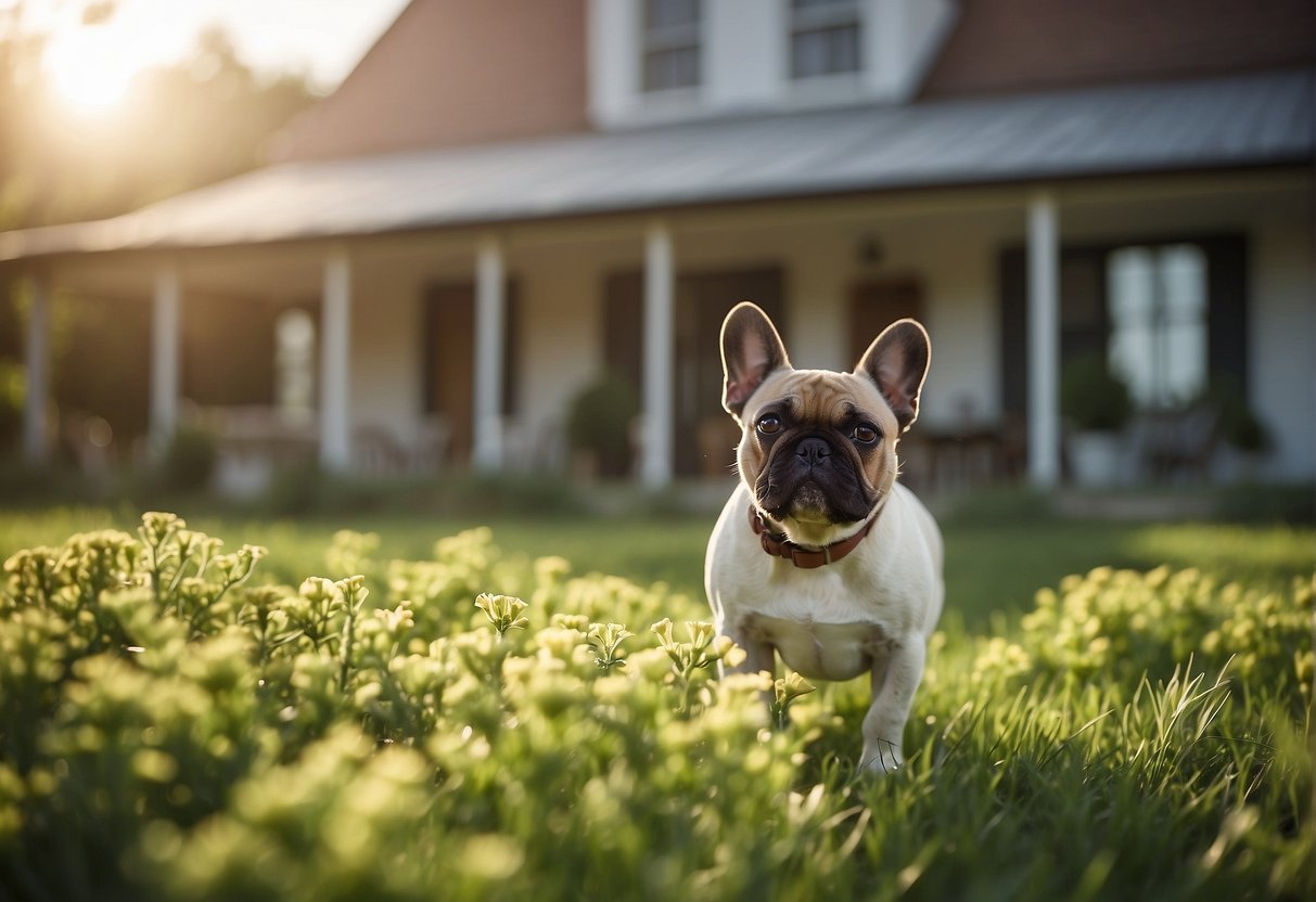 A cozy farmhouse in rural Iowa, with a charming French Bulldog playing in the green fields under the warm sunshine