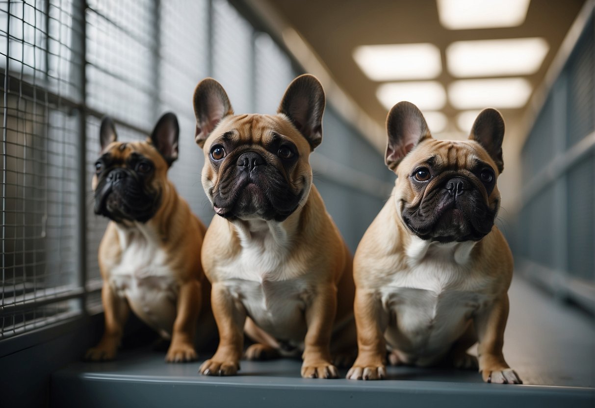 A couple visits a clean, spacious kennel with happy, healthy French Bulldogs. The breeder provides detailed information and documentation about the dogs' lineage and health history