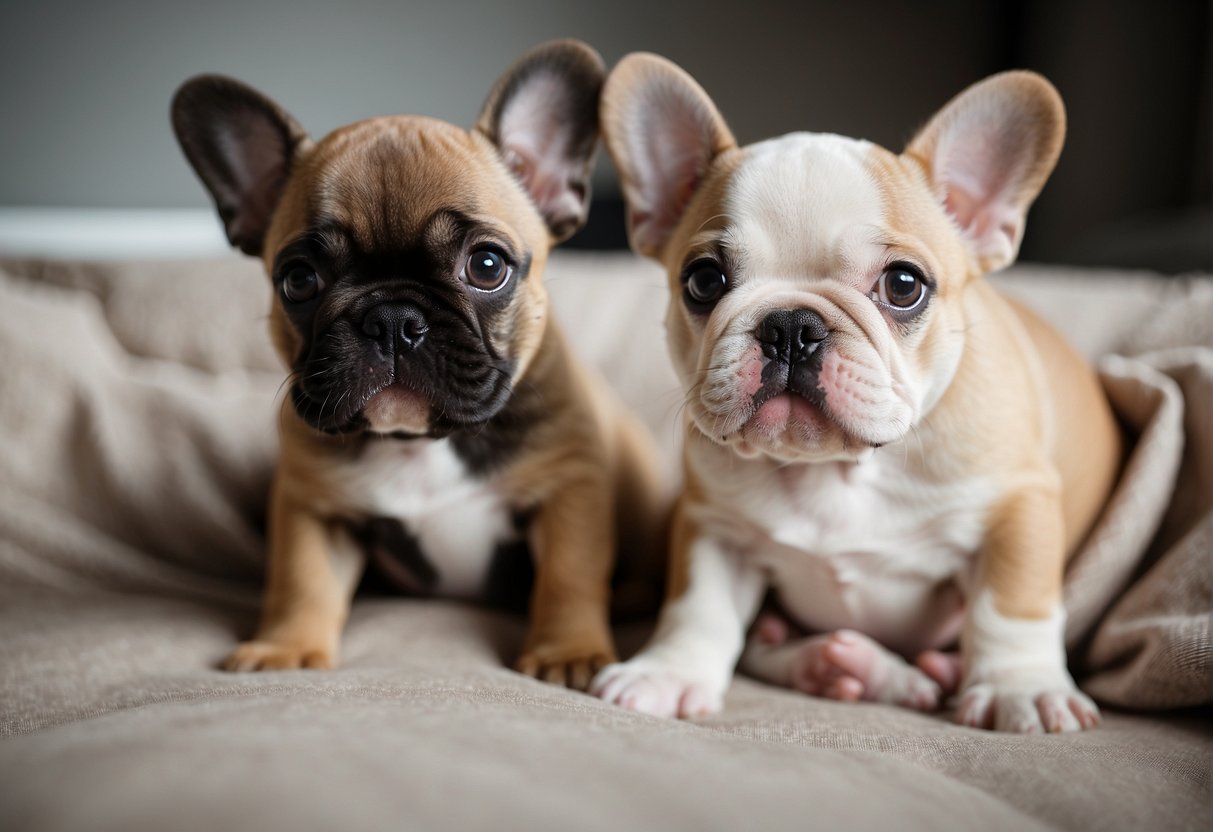 French Bulldog puppies playfully interact in a spacious, clean and well-lit room at the best French Bulldog breeders in Iowa
