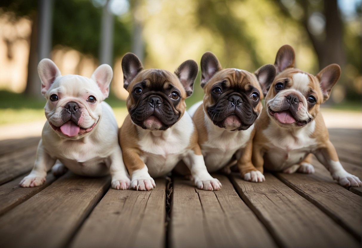A group of happy and healthy French bulldogs playing in a spacious and well-maintained outdoor area, with a sign indicating "After Adoption Support - Best French Bulldog Breeders in Iowa."