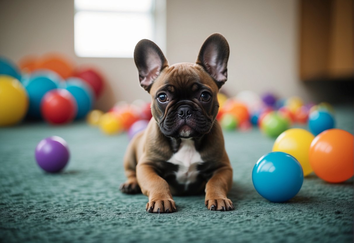 French bulldog puppies playing in a spacious, well-lit room with colorful toys scattered around. A sign on the wall reads "Best French Bulldog Breeders in Iowa."