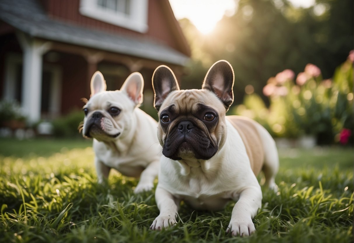 A cozy farmhouse in rural Michigan, surrounded by rolling hills and lush greenery. A couple of French bulldogs playfully romp in the yard, while the proud breeders oversee their care
