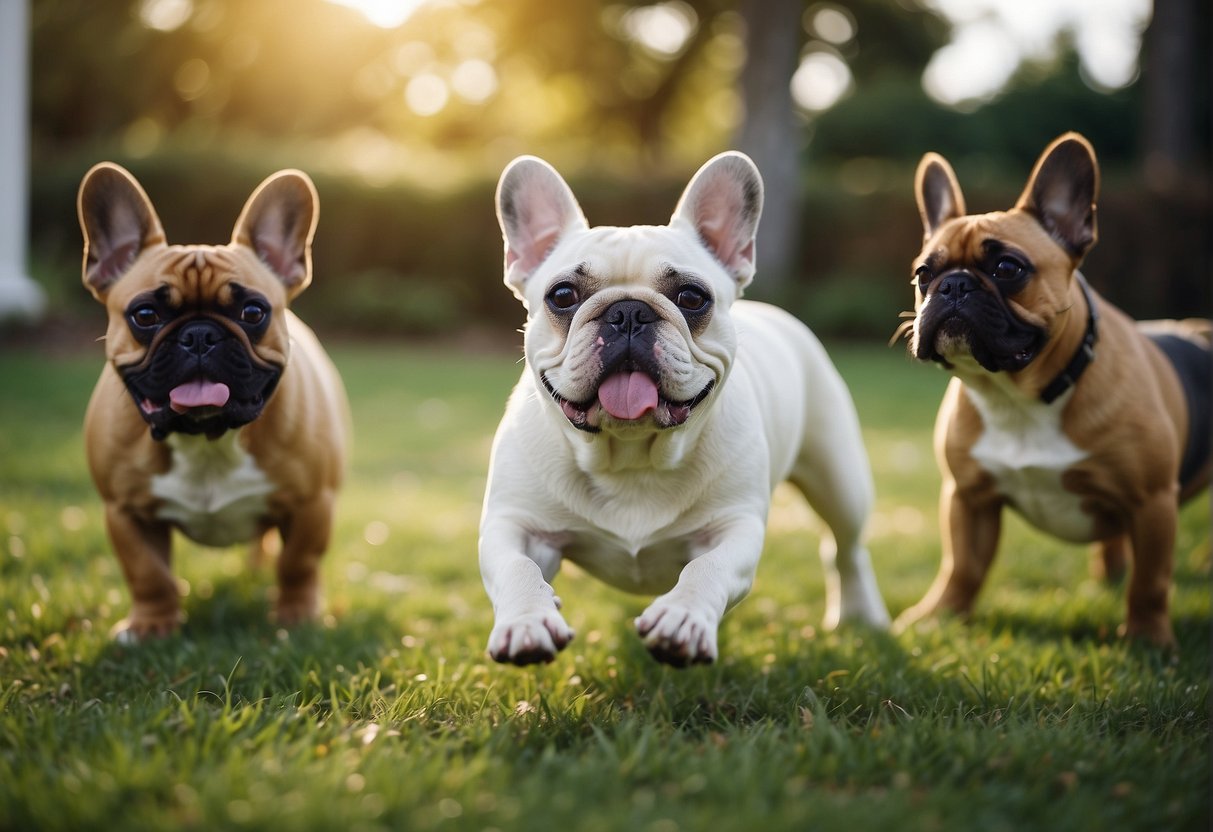 A group of French bulldogs playing in a spacious, well-maintained yard. The dogs are healthy, well-groomed, and displaying friendly and sociable behavior