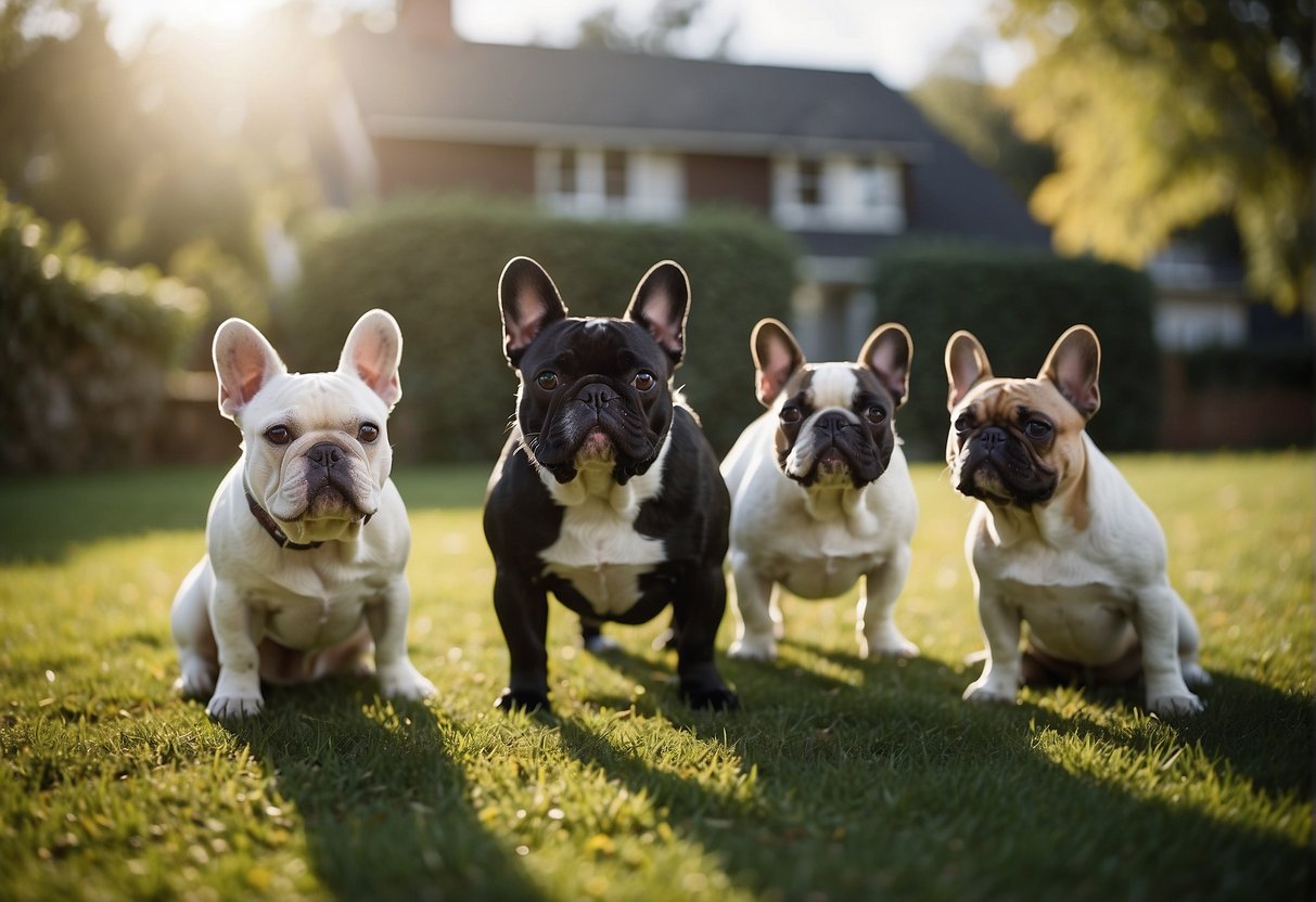 A group of French Bulldogs playfully interact in a spacious, well-maintained yard. The dogs display a range of colors and patterns, showcasing the diversity of the breed