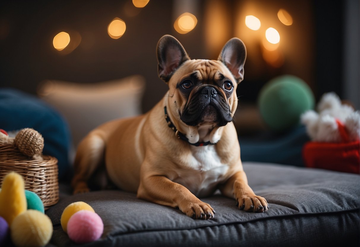 A French Bulldog sitting next to a cozy dog bed, surrounded by toys and food bowls, with a caring breeder nearby