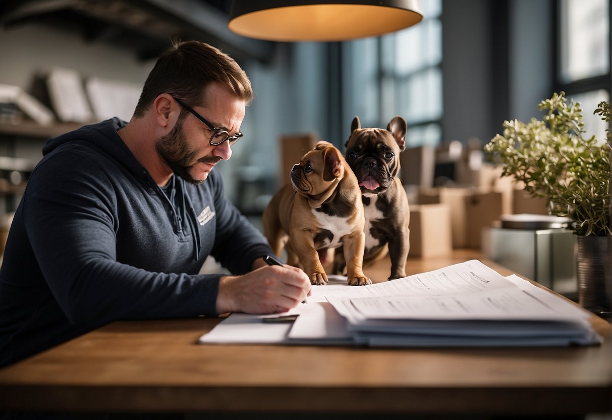 A customer fills out paperwork at the best French bulldog breeder in Michigan. A breeder shows them available puppies