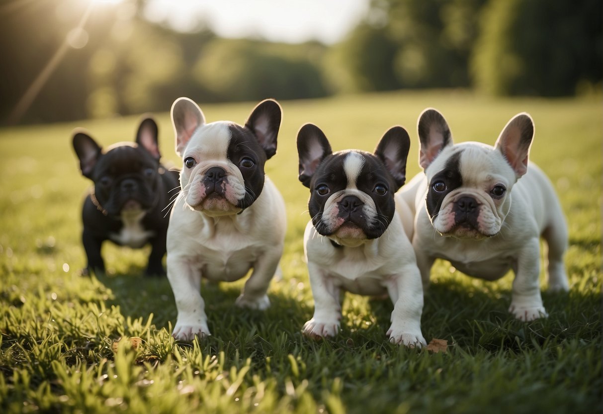 French bulldog puppies playing in a spacious, sunny yard with a backdrop of rolling green hills in Michigan