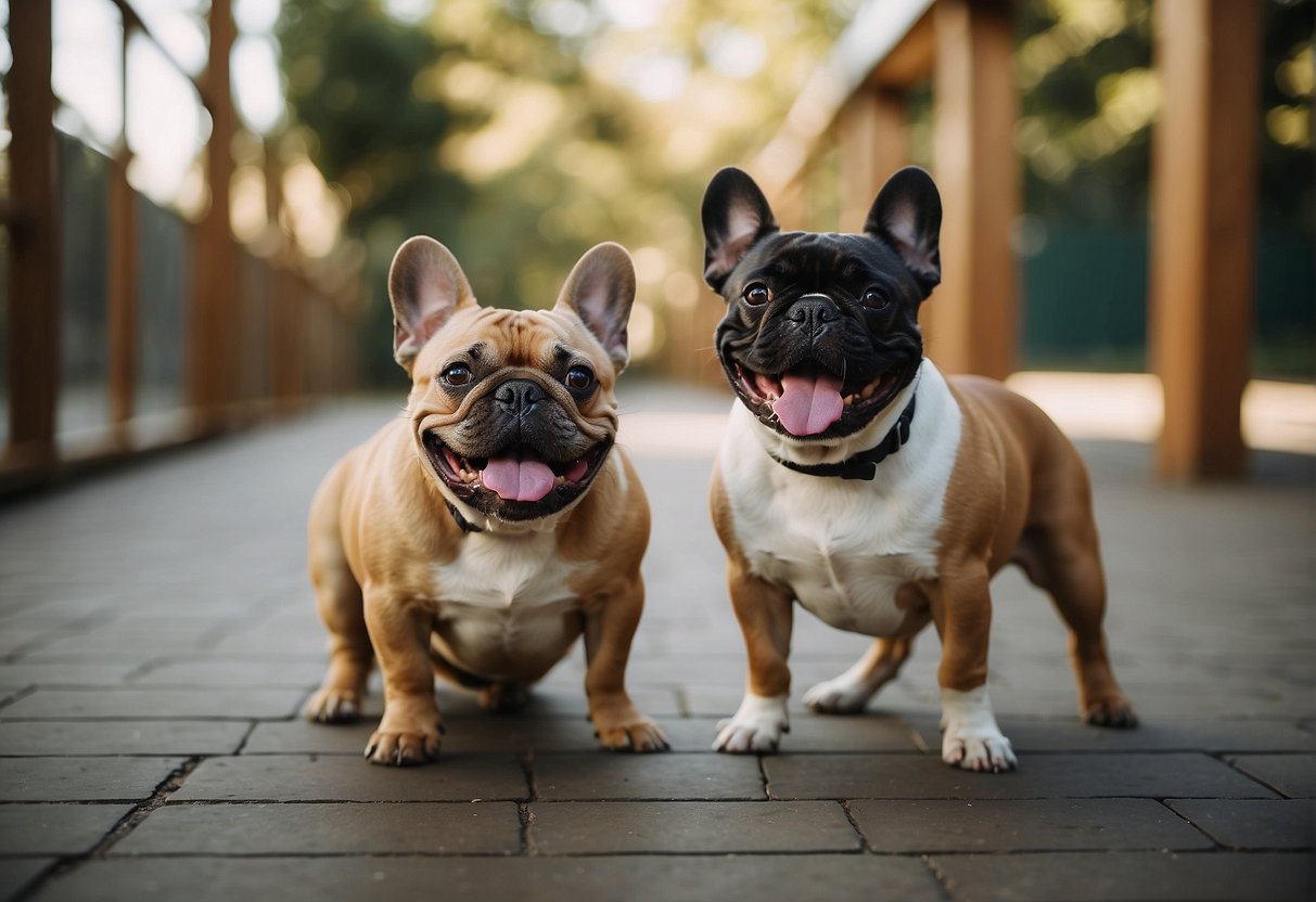 A group of French Bulldogs playfully interact in a spacious, clean and well-maintained kennel. The dogs appear healthy, well-fed, and happy, with ample space to move around and play