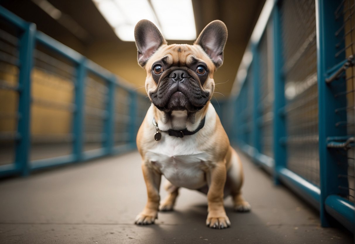 A French Bulldog stands proudly in a spacious, well-maintained kennel. The dog is healthy and well-cared for, with a shiny coat and bright eyes