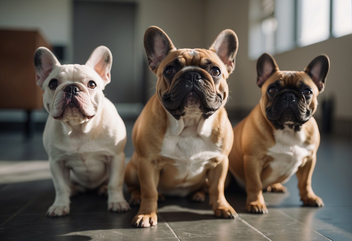 A group of French bulldogs playfully interact in a spacious, well-lit room at a reputable breeder's facility in the Midwest