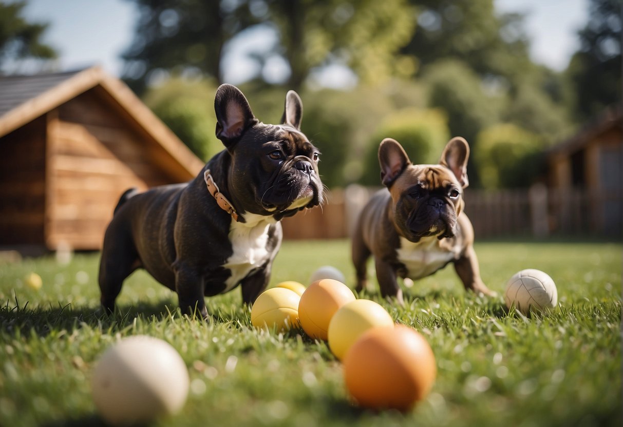 French bulldogs playing in a spacious, well-maintained yard with toys and comfortable shelter. A caring breeder interacts with the dogs, providing love and support