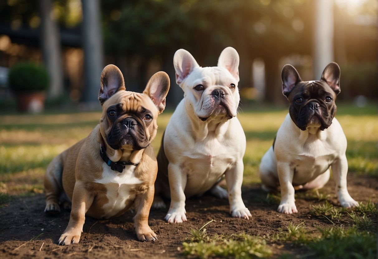 French bulldogs playing in a spacious, well-maintained outdoor area. A few puppies are frolicking while others nap in the sun