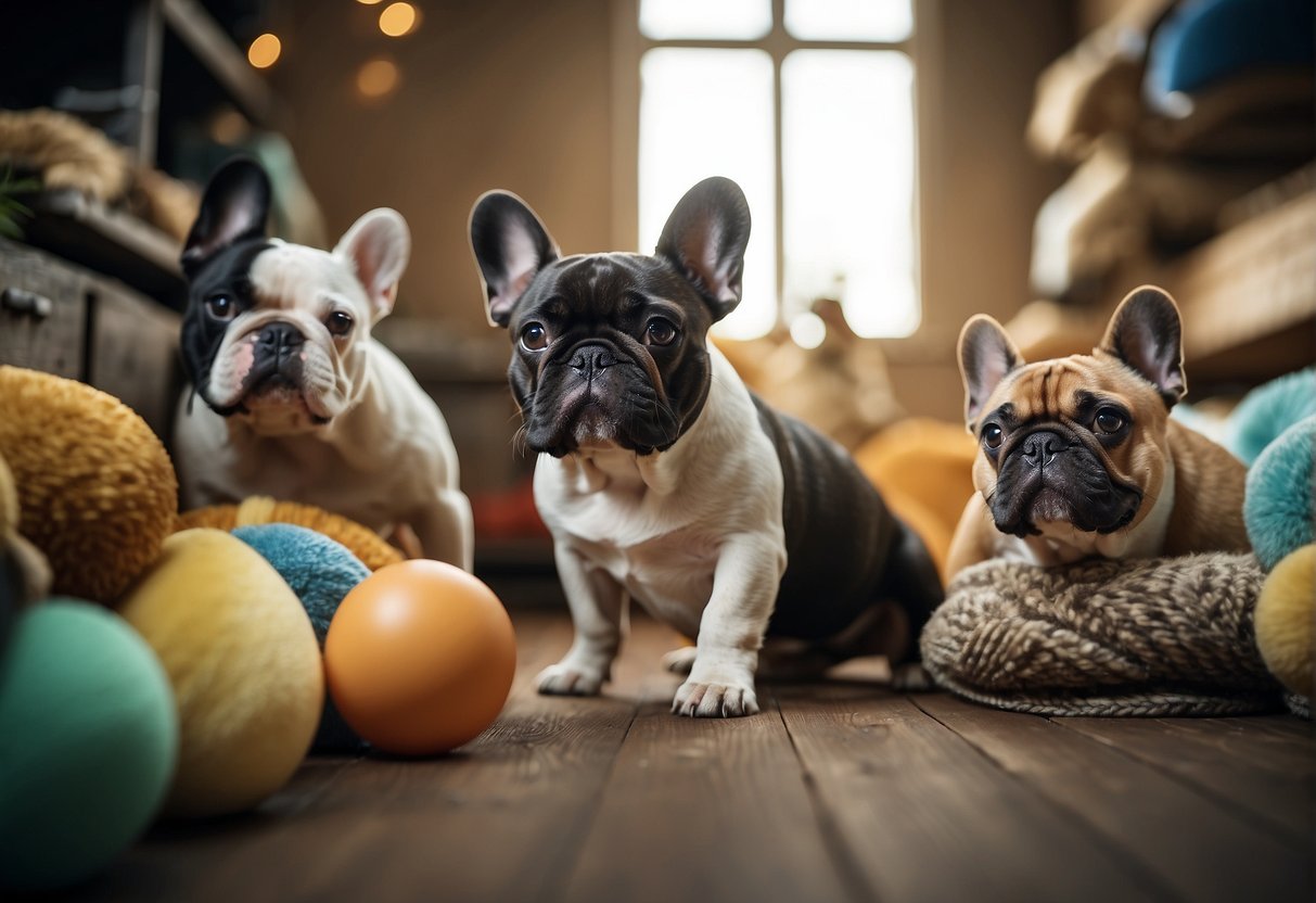 A group of French bulldogs playfully interact in a spacious, well-maintained kennel with plenty of toys and comfortable bedding