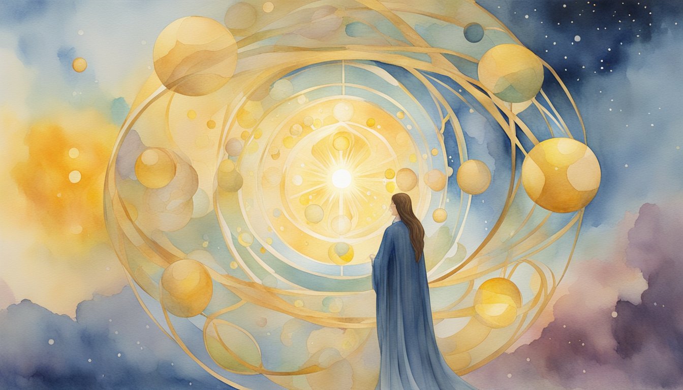 A bright, celestial figure hovers above a figure-eight infinity symbol, radiating golden light and surrounded by seven smaller orbs