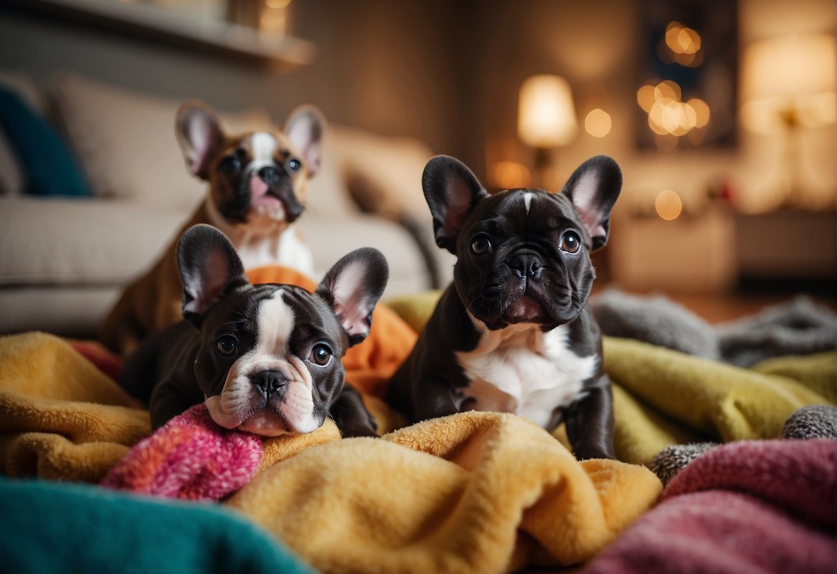 A litter of French Bulldog puppies playfully interact in a cozy, well-lit room with toys scattered around. The room is adorned with colorful blankets and pillows, creating a warm and inviting atmosphere