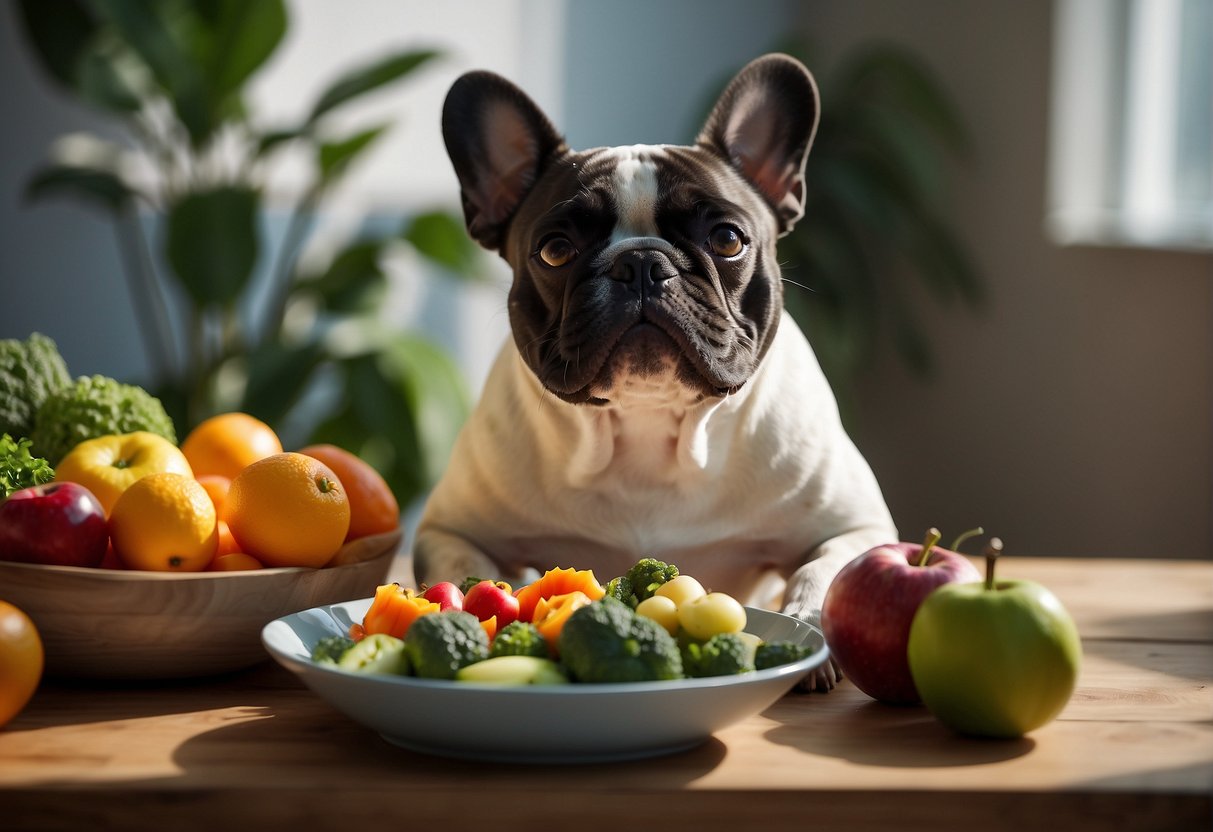 A French Bulldog happily eats from a bowl of nutritious food, surrounded by fresh fruits and vegetables