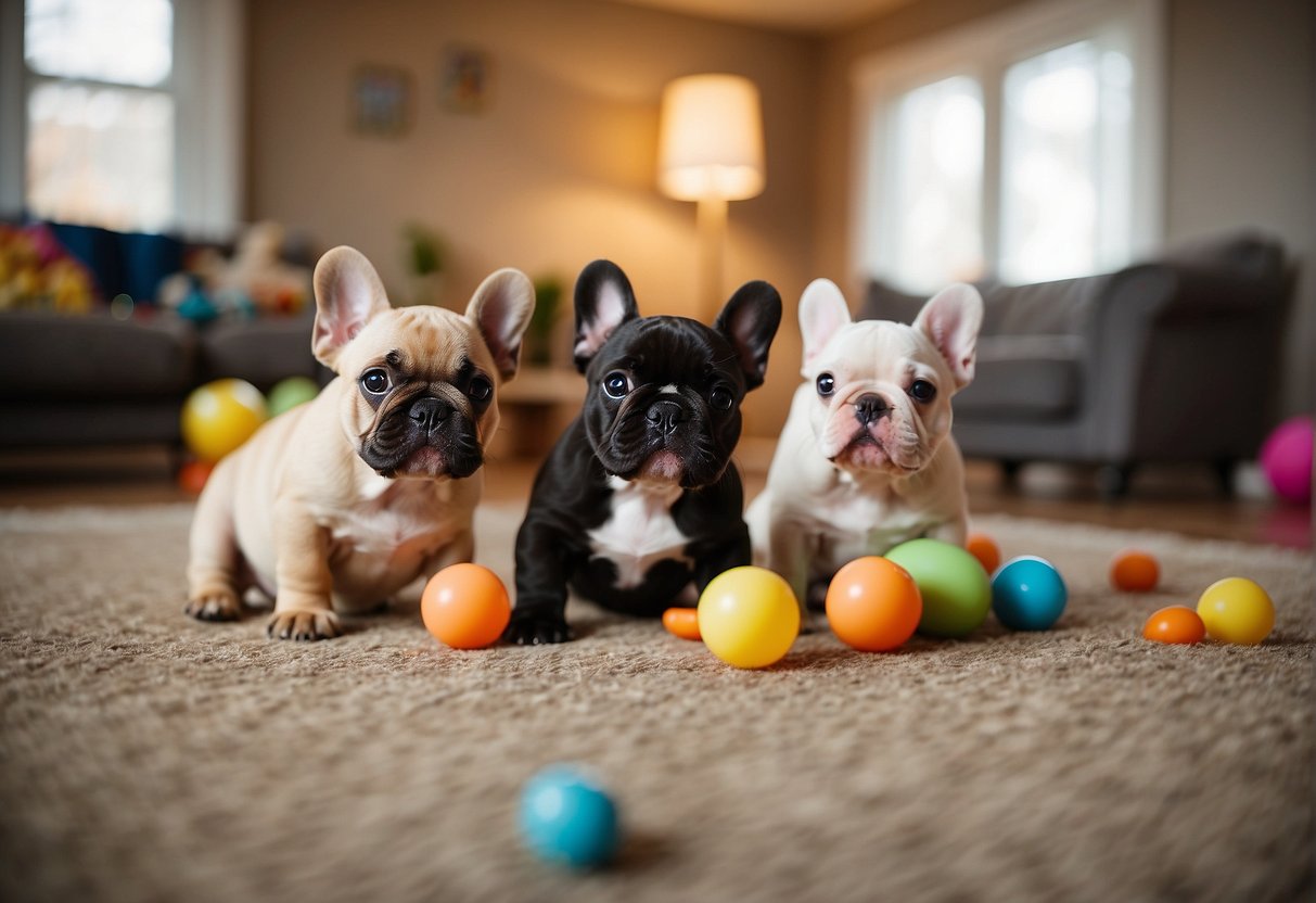 French bulldog puppies playing in a spacious, well-lit room with colorful toys scattered around. A sign on the wall reads "Frequently Asked Questions best french bulldog breeders in MN."