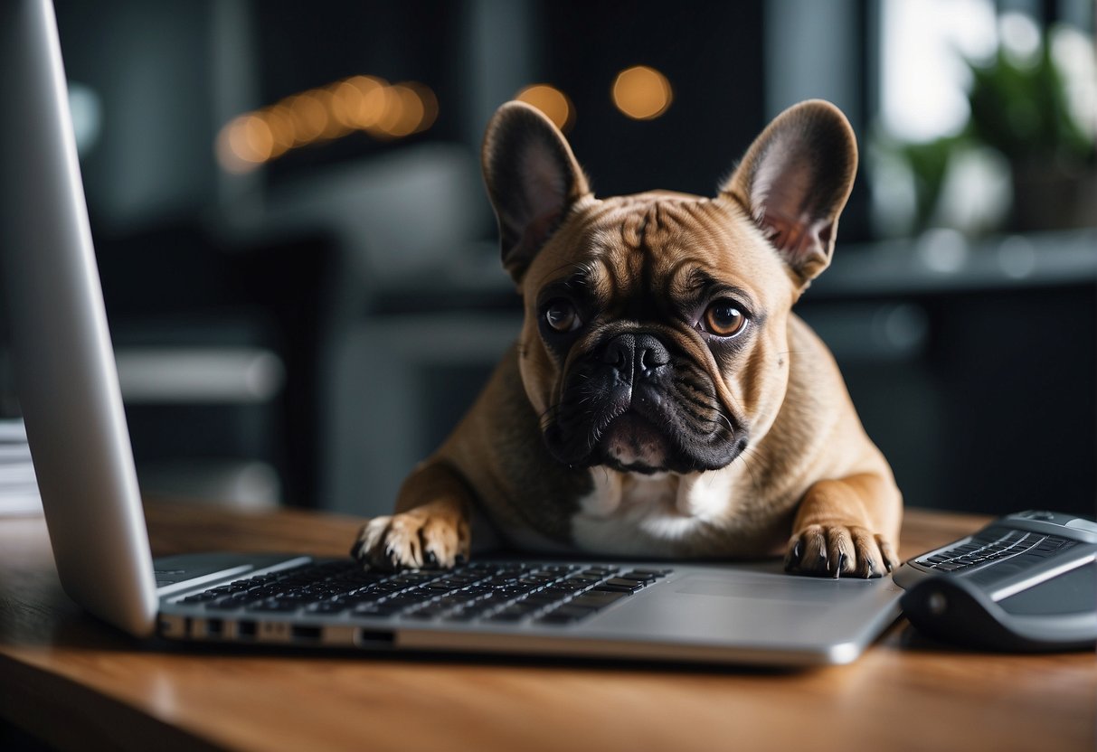 A person researching online, reading reviews, and contacting breeders for a French Bulldog in North Carolina