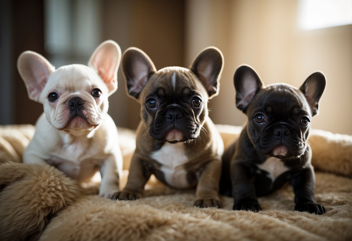 Several French Bulldog puppies are playfully interacting in a cozy, well-lit room at a reputable breeder's location in North Carolina