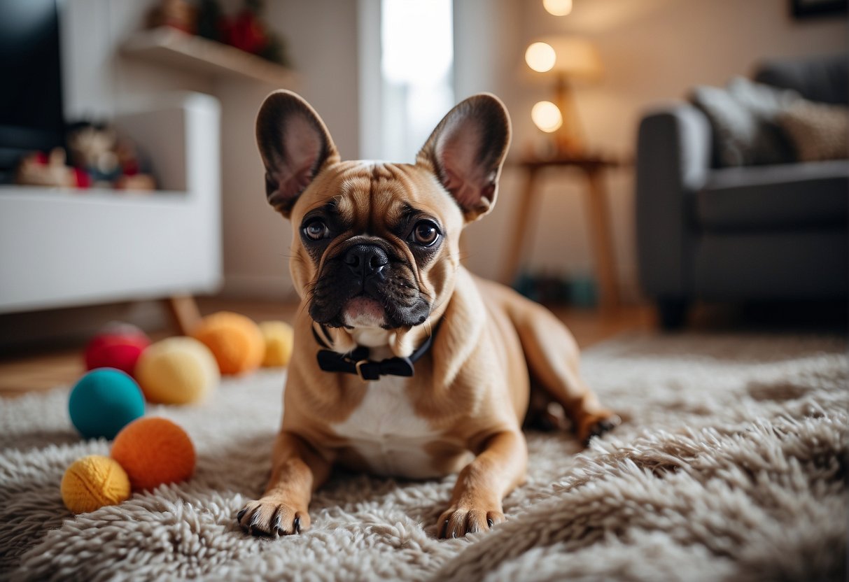 A happy French bulldog plays in a cozy living room, surrounded by toys and a comfy bed, while its new owner looks on with a smile