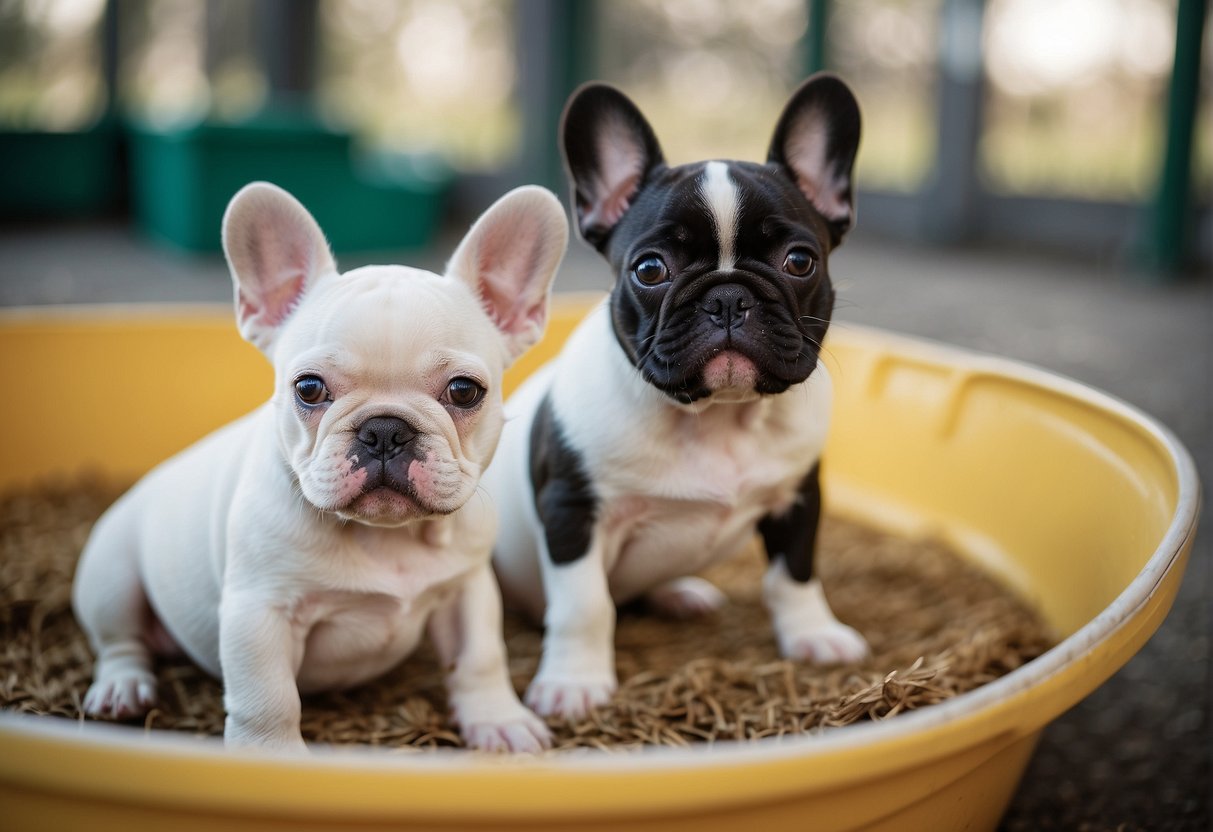 French bulldog puppies playing in a spacious, clean and well-lit kennel at a reputable breeder's facility in North Carolina