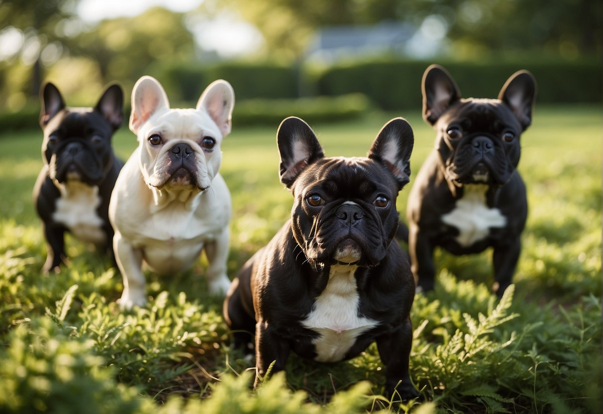 A group of French bulldogs play in a spacious, well-maintained kennel in New England, surrounded by lush greenery and a picturesque backdrop