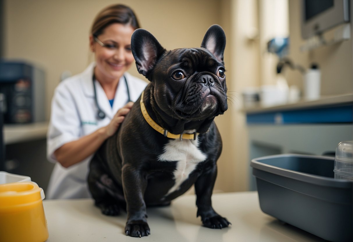 A French Bulldog being cared for by a veterinarian, surrounded by medical equipment and a loving breeder in New England