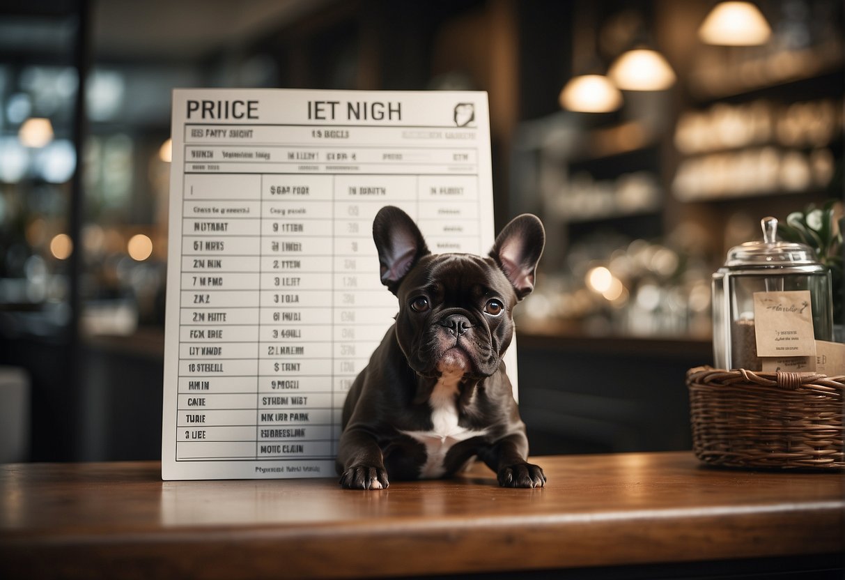 A French bulldog stands next to a price list and a list of considerations, with a breeder's logo in the background