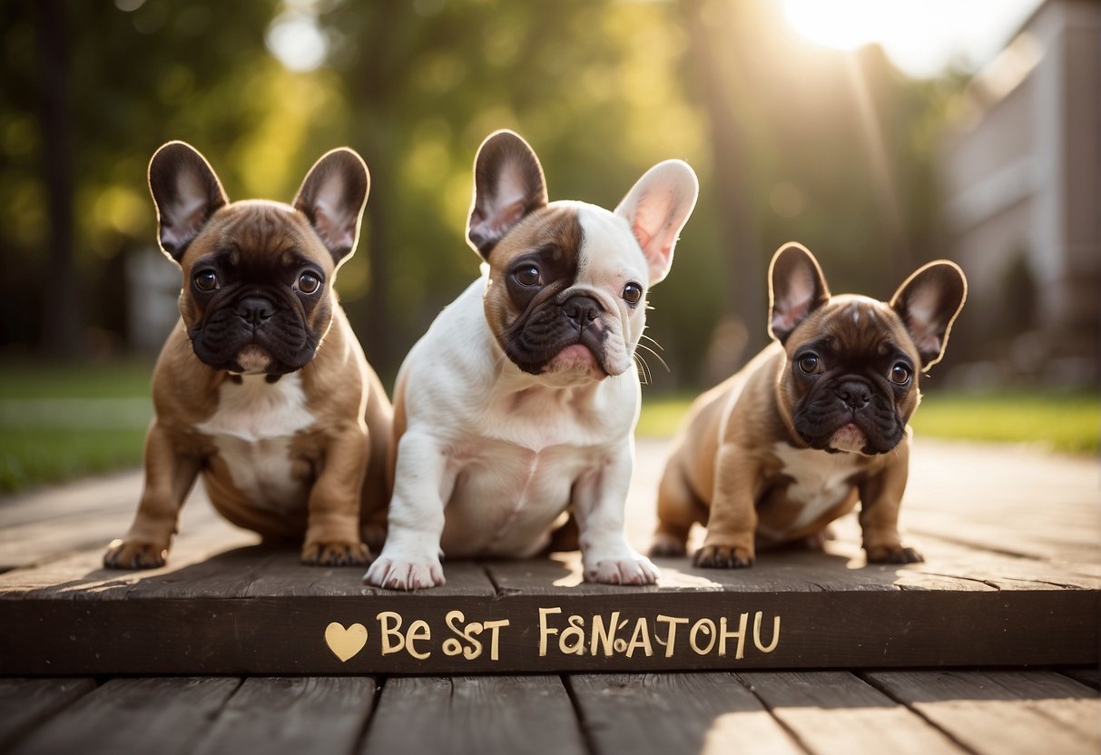 French bulldog puppies playing in a spacious and well-maintained outdoor area, with a sign indicating "Best French Bulldog Breeders in New England" prominently displayed