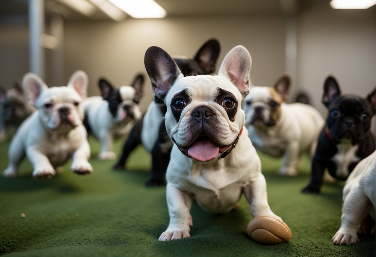 A group of French bulldogs play in a spacious, clean, and well-maintained breeding facility in New York. The dogs are healthy, happy, and well-cared for, with plenty of toys and space to roam