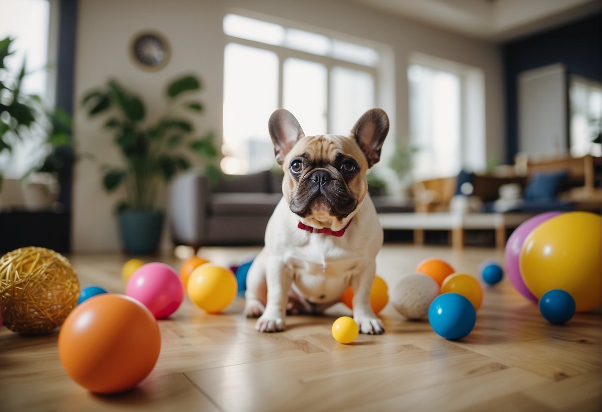 French bulldogs playing in a spacious, well-lit room with toys scattered around. A sign on the wall reads "Frequently Asked Questions: Best French Bulldog Breeders in New York."