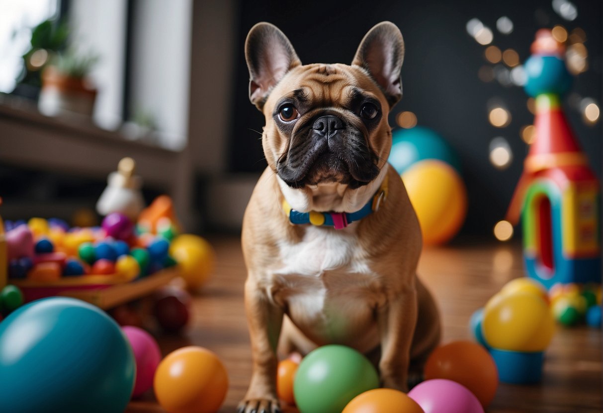 A French Bulldog stands confidently, with a shiny coat and alert expression. The dog is in a spacious, clean environment, surrounded by toys and healthy food