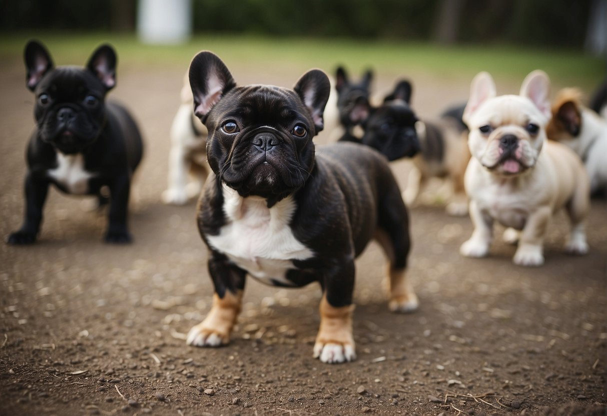 A French Bulldog stands out among a group of playful puppies at a reputable breeder's facility in New Jersey