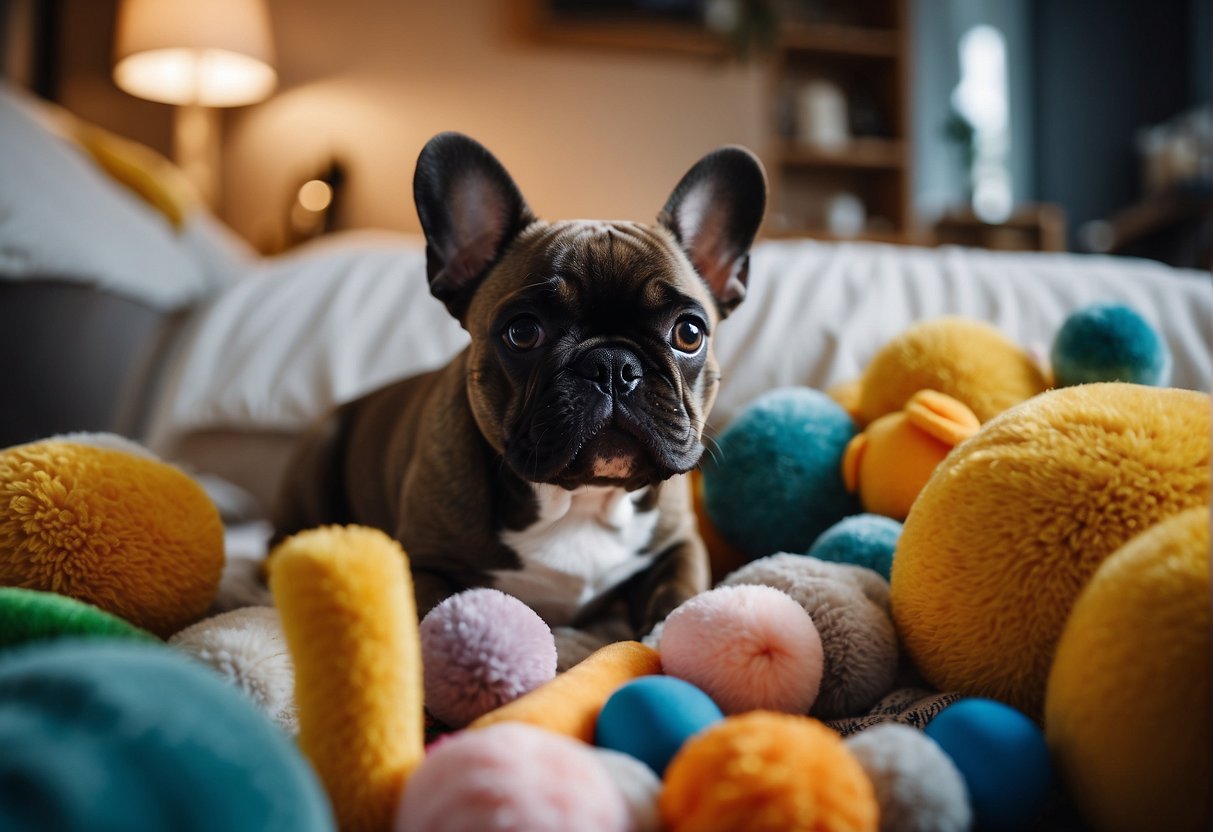 A French bulldog puppy surrounded by toys, food, and a cozy bed, with a caring breeder looking on