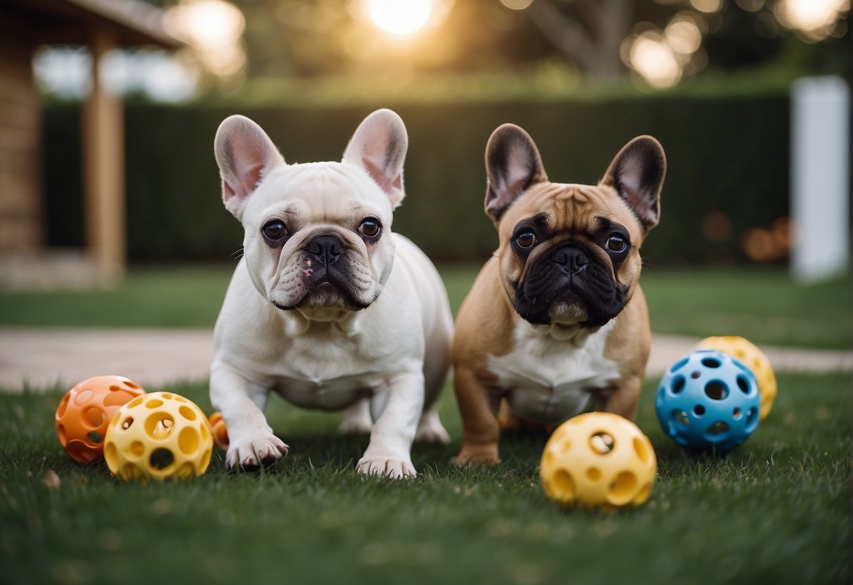 French bulldogs playing in a spacious, well-maintained backyard with a variety of toys and obstacles