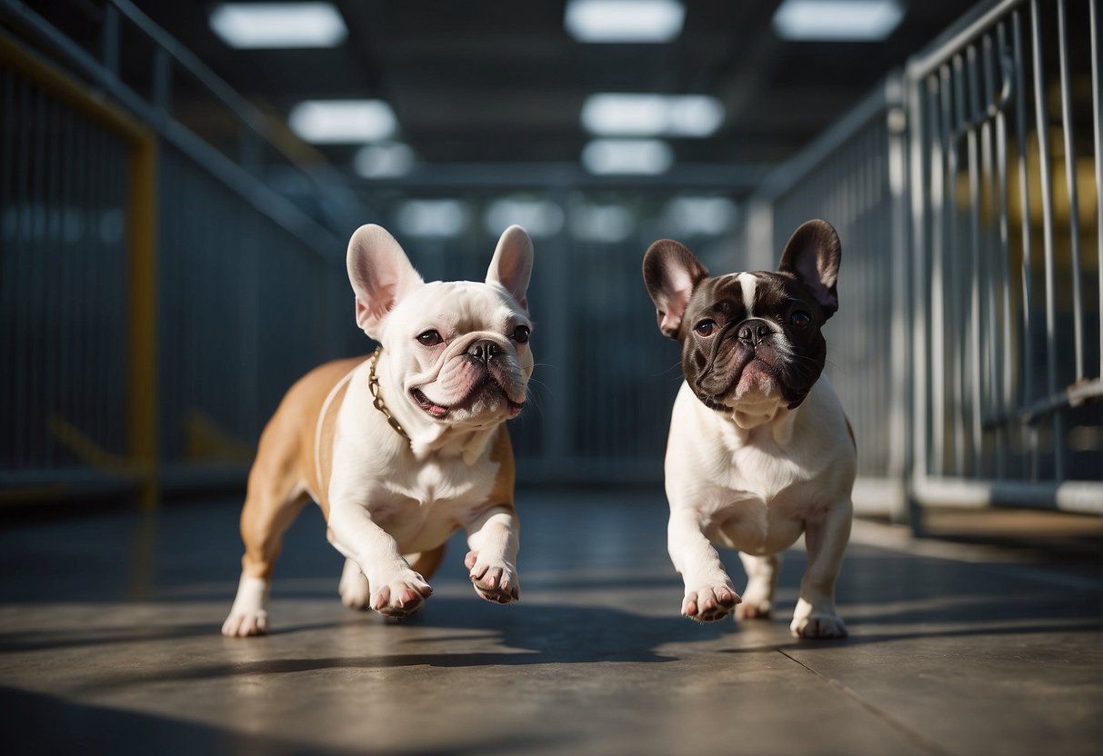 French bulldogs playfully romp in a spacious, clean kennel. The breeders tend to their needs with care and expertise