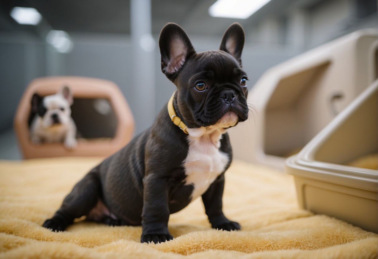 French Bulldog puppies playing in a spacious, clean and well-maintained kennel. The breeders are interacting with the dogs, showing care and affection