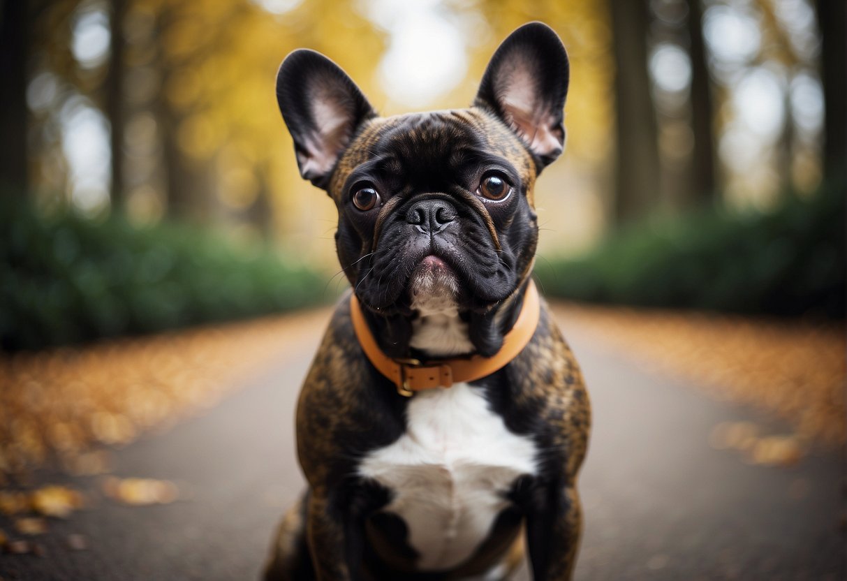 A French Bulldog stands proudly, with a sturdy build and distinctive bat-like ears. Its short, smooth coat is a mix of brindle and white, and its expressive eyes convey intelligence and curiosity