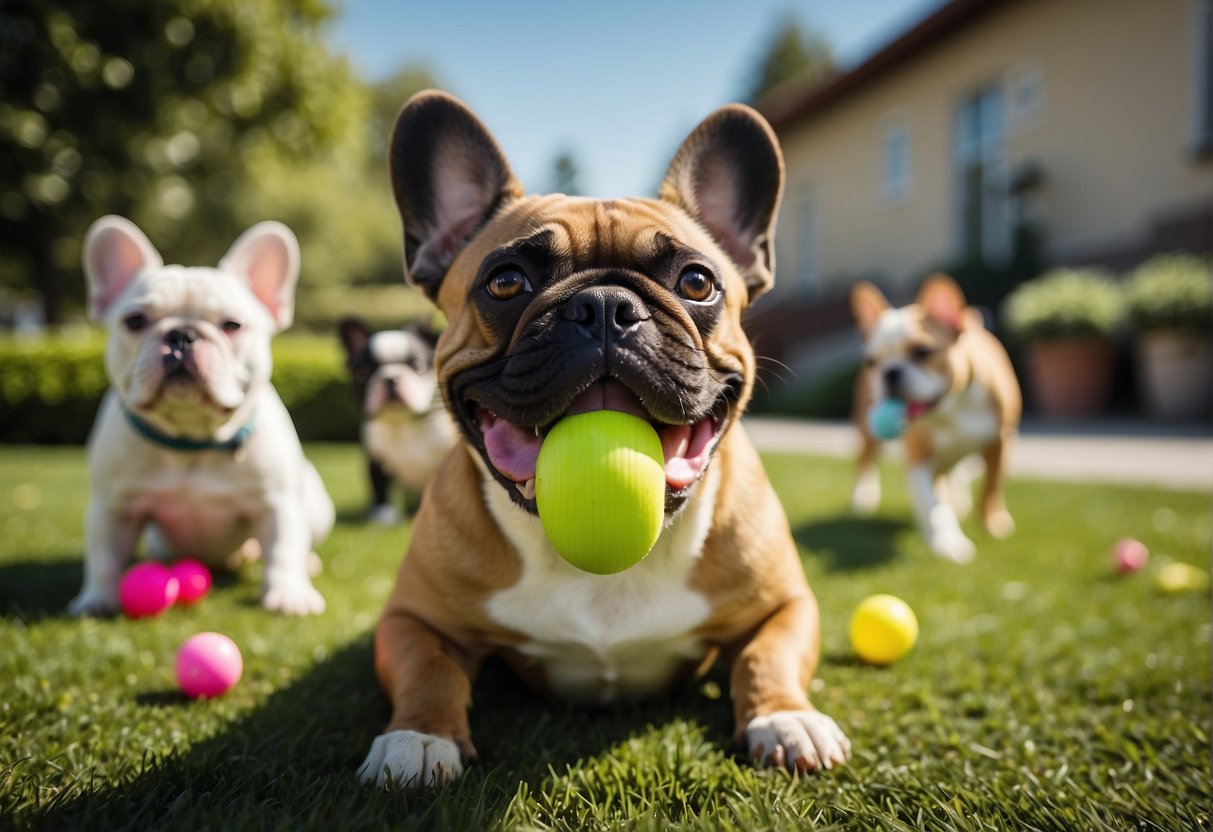 French bulldogs playing in a spacious, well-maintained outdoor area with green grass and colorful toys scattered around. A few dogs are interacting with each other, while others are lounging in the sun