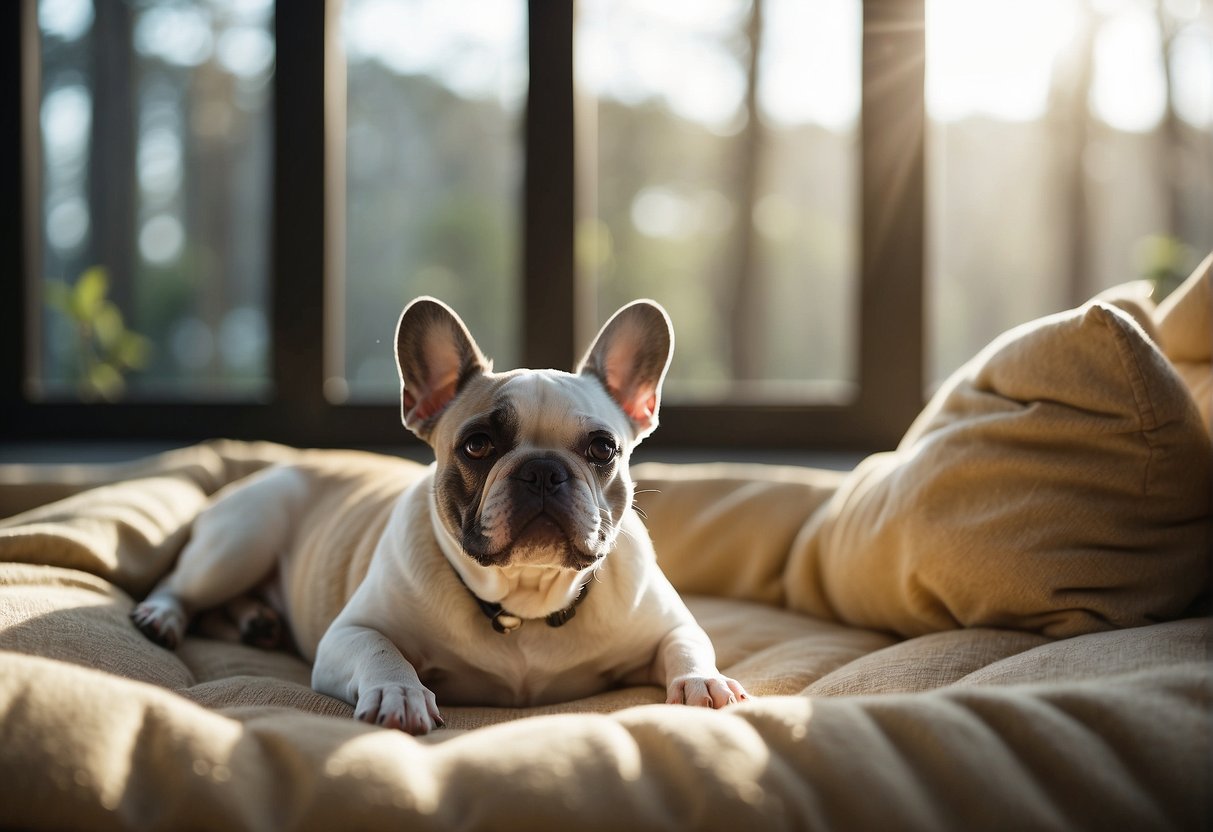 A spacious, clean kennel with happy, healthy French bulldogs playing and resting. Bright natural light streams in through large windows