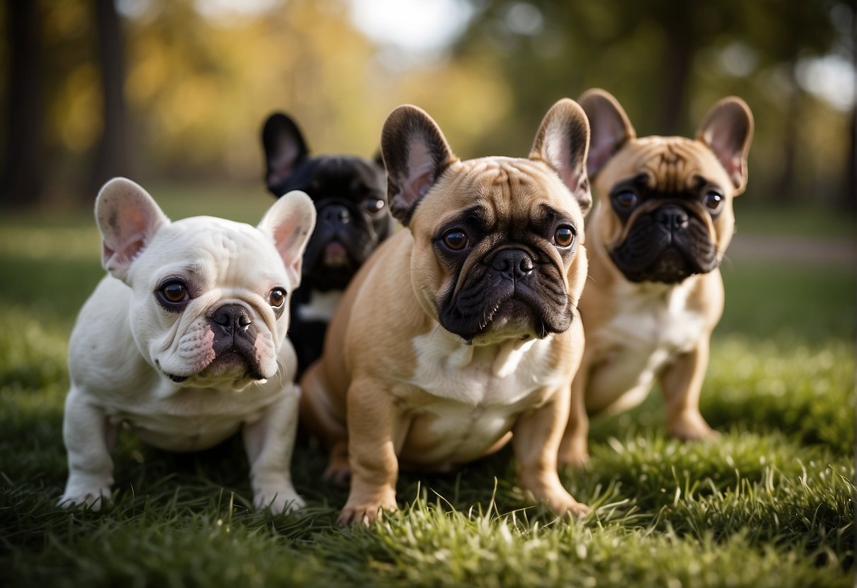 French Bulldog breeders in Ohio are being evaluated for quality and care. The scene shows a group of French Bulldogs in a clean and spacious environment, with breeders attentively caring for them