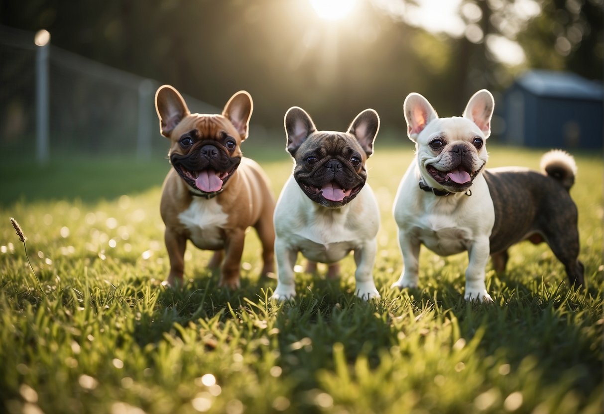 A sunny, grassy field with colorful dog kennels, playful French Bulldog puppies, and smiling breeders chatting with visitors