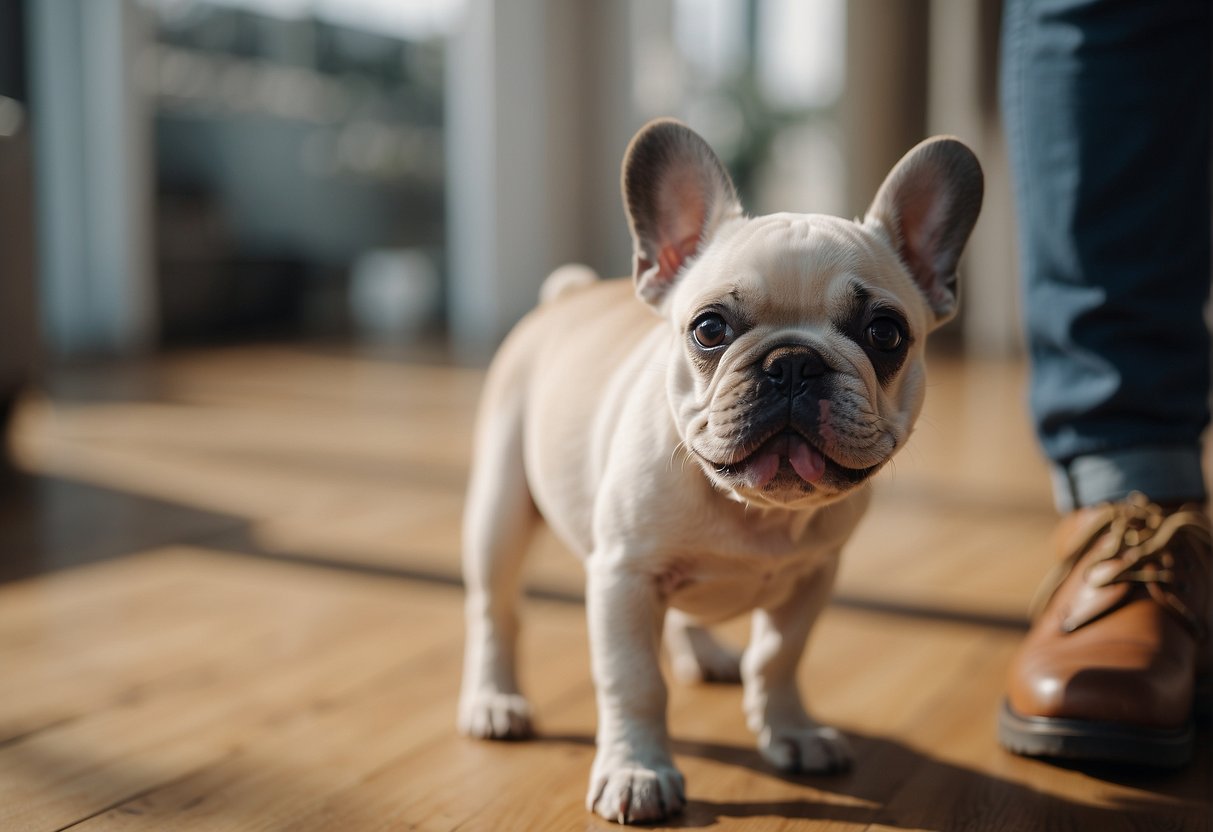 A happy Frenchie puppy explores its new home, sniffing around and wagging its tail, while the proud owner watches with a big smile