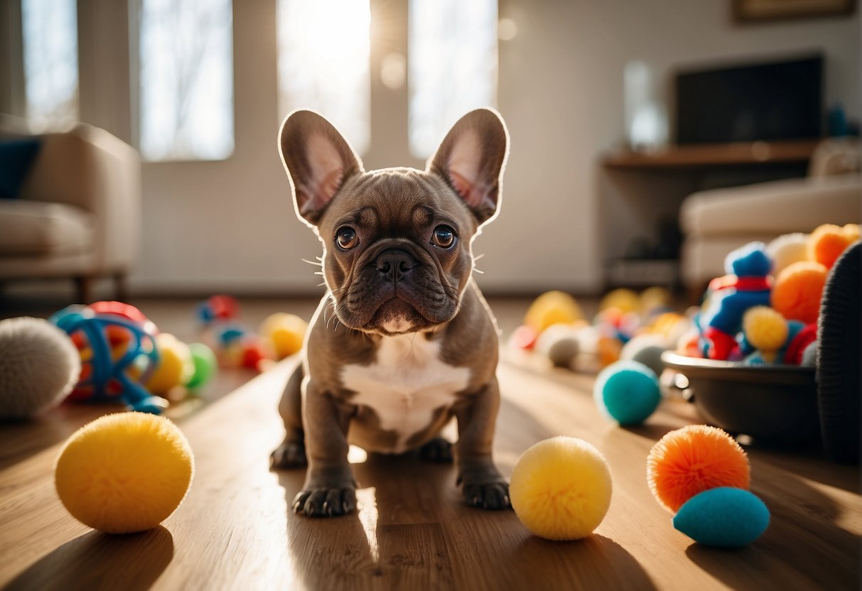 French bulldog puppies playing in a spacious, sunlit room with toys scattered around. A sign on the wall reads "Frequently Asked Questions: Best French Bulldog Breeders in Ohio."