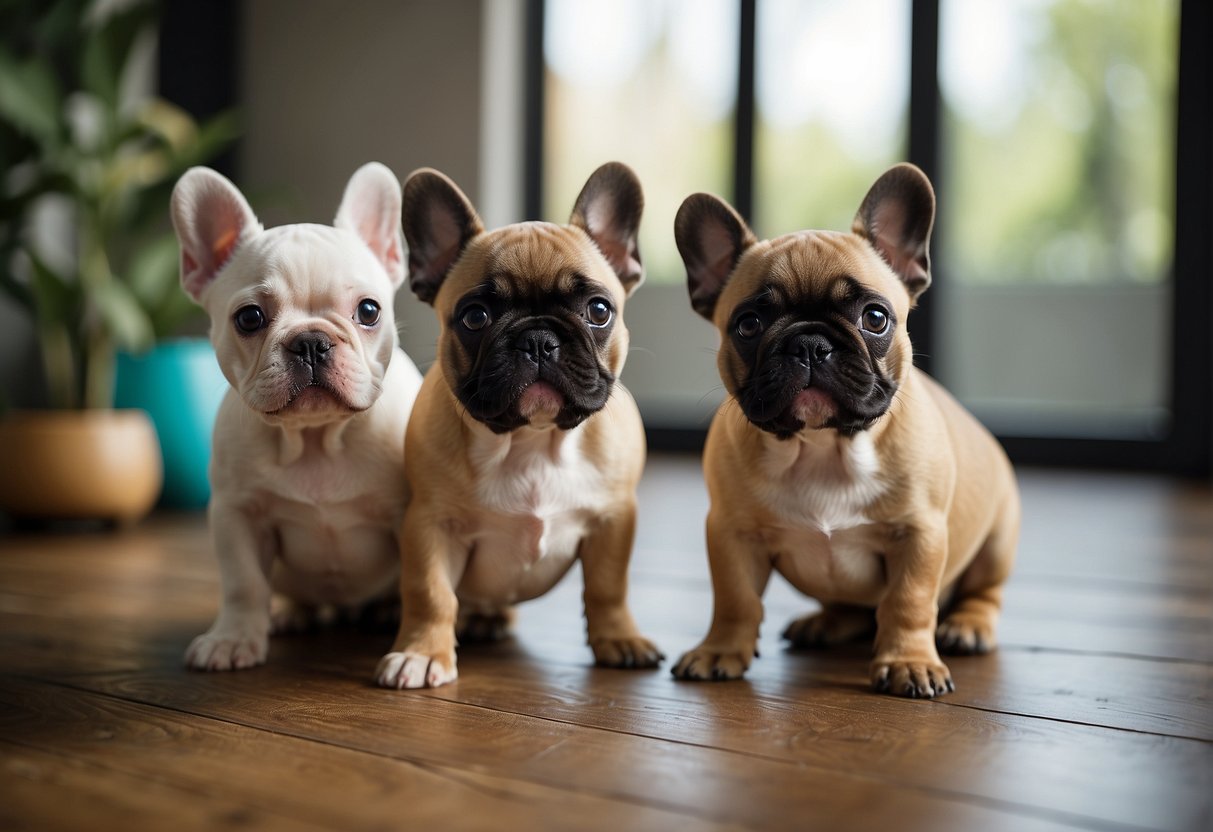 Adorable French Bulldog puppies playfully interact in a spacious and clean breeder's environment, showcasing their unique and sought-after qualities