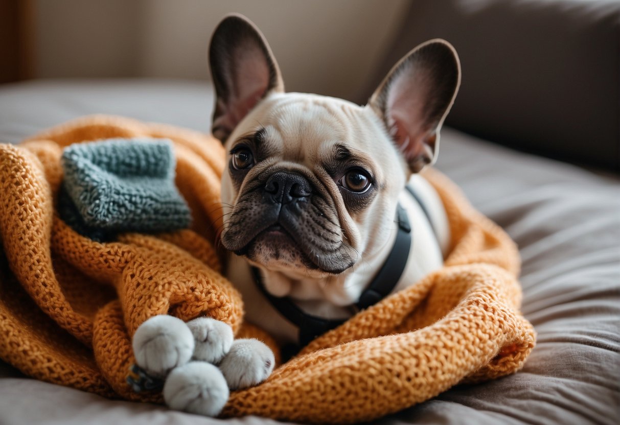 A French bulldog puppy being gently cared for by a breeder in Oklahoma, surrounded by cozy blankets and toys