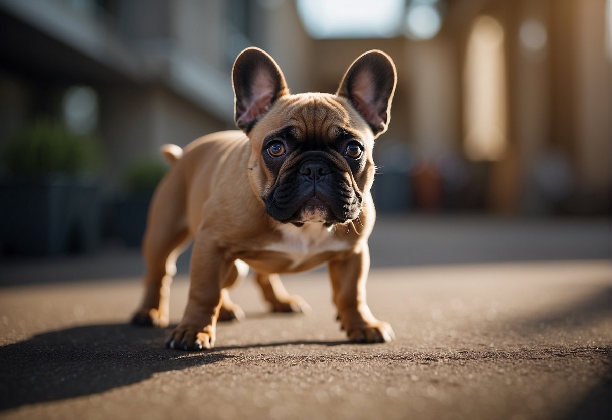 French bulldog puppies playfully interact in a spacious, clean and well-lit environment, with attentive breeders answering inquiries